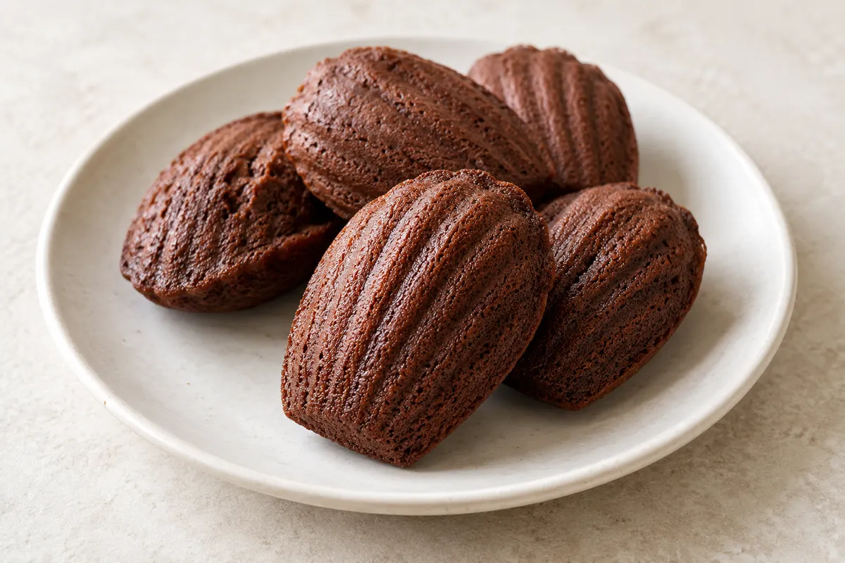 Madeleine au chocolat sur un fond de lin clair.
