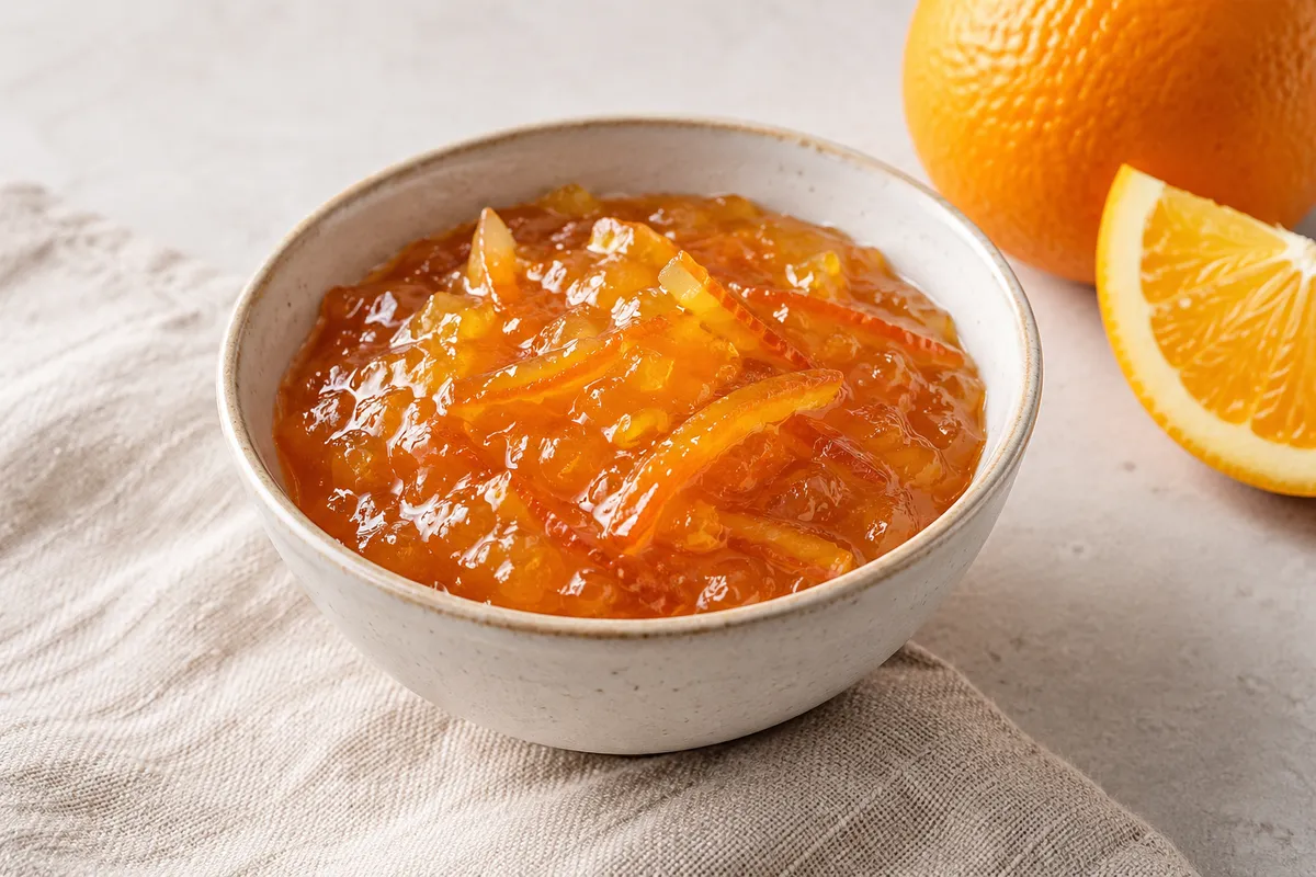 Marmelade d'orange sur un fond de lin clair.