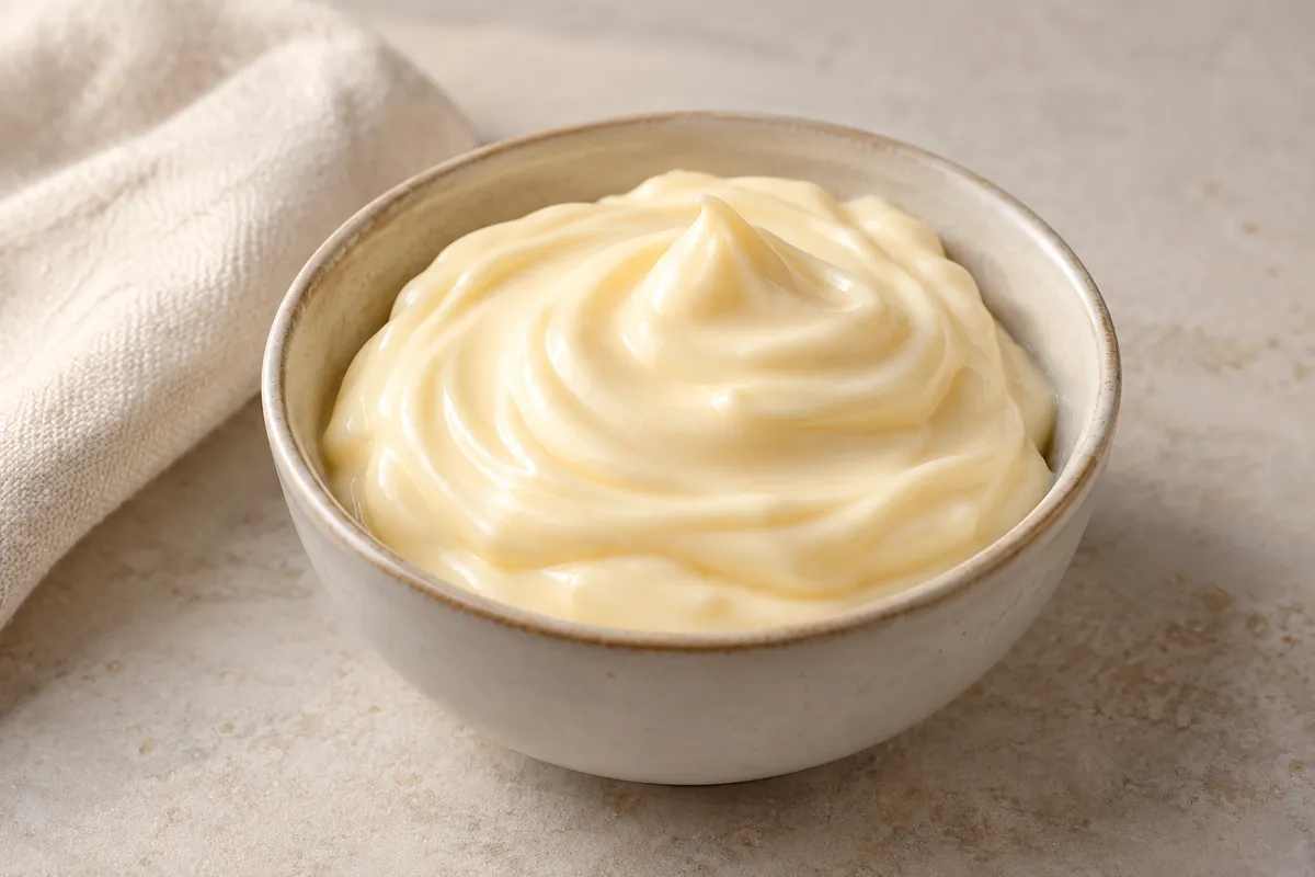 Mayonnaise à teneur sur un fond de lin clair.