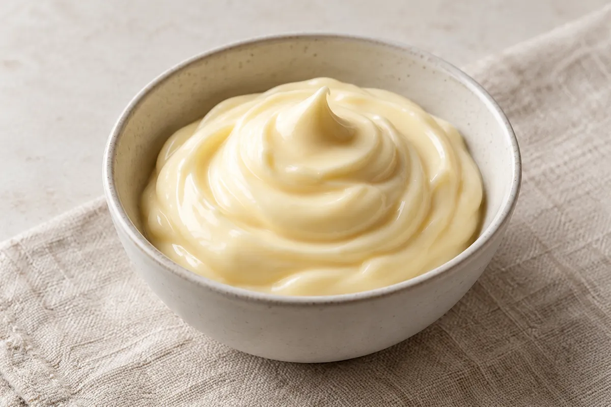 Mayonnaise sur un fond de lin clair.