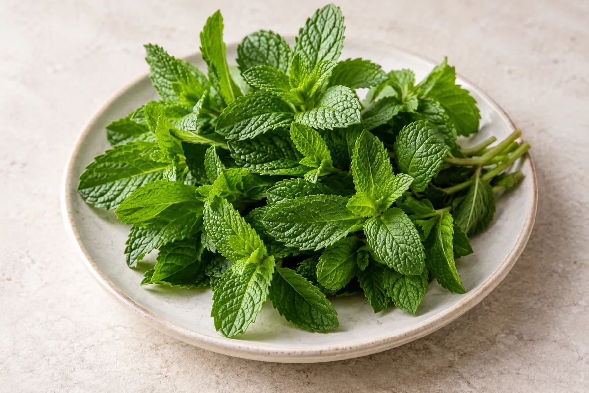 Menthe sur un fond de lin clair.