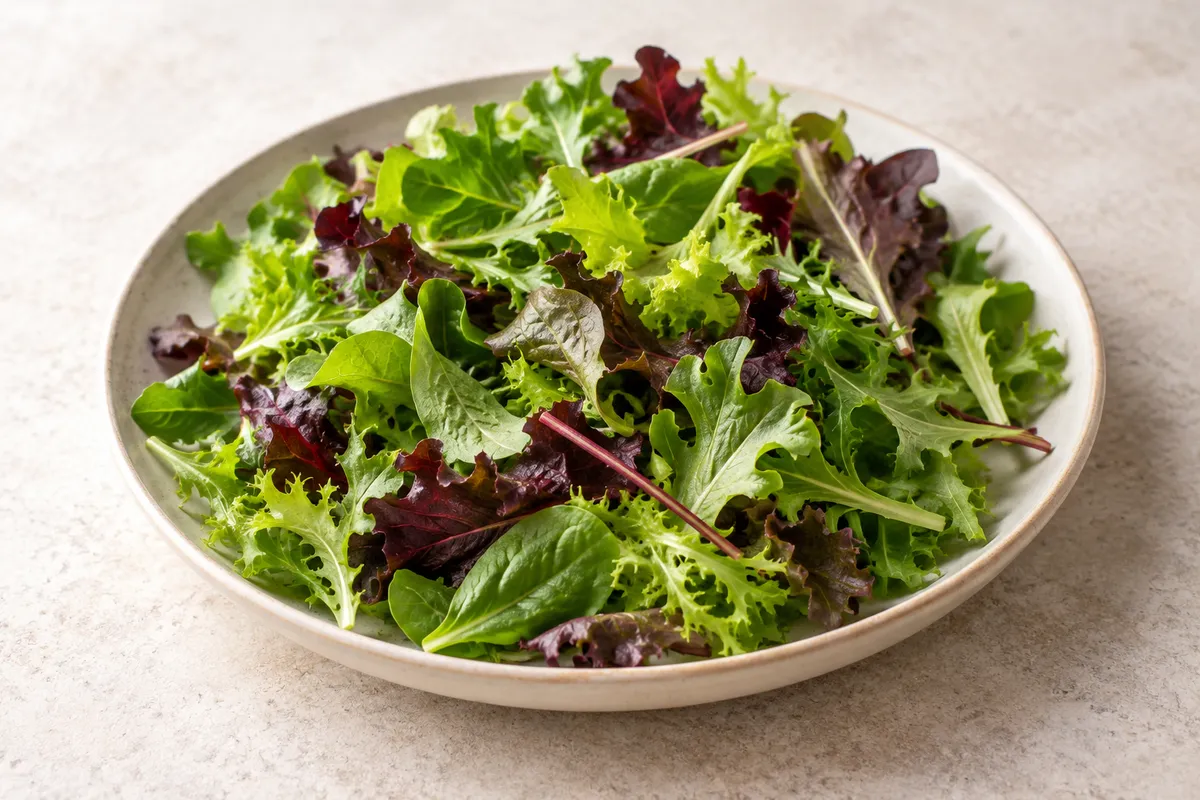 Mesclun sur un fond de lin clair.