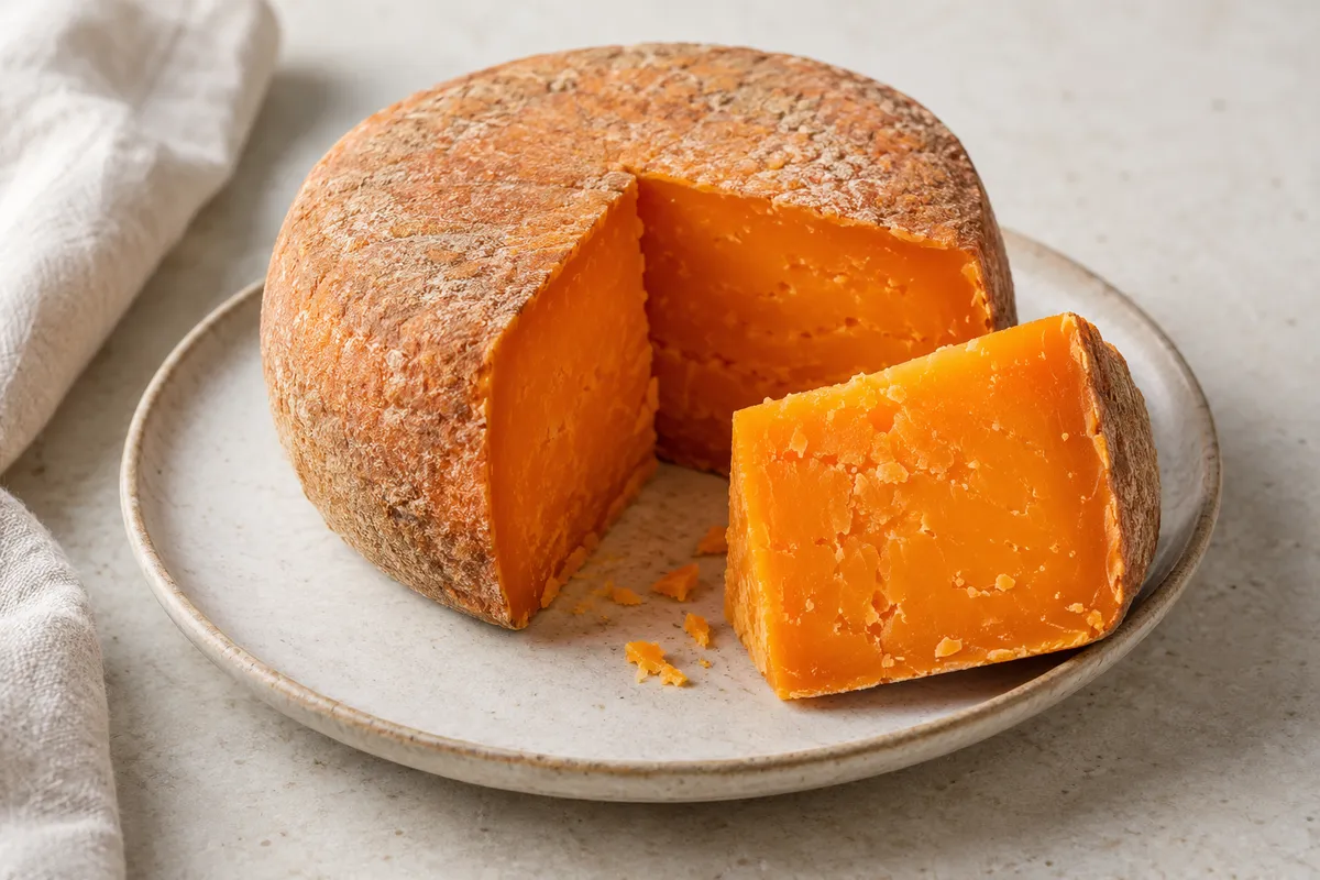 Mimolette sur un fond de lin clair.