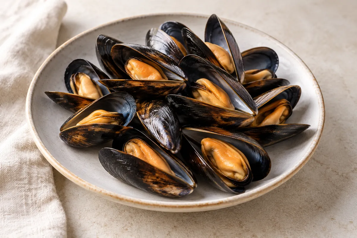 Moule de méditerranée sur un fond de lin clair.