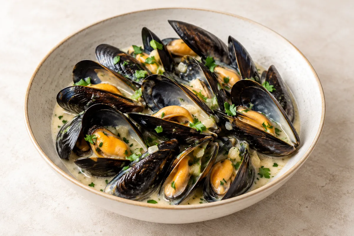 Moules à la sauce sur un fond de lin clair.