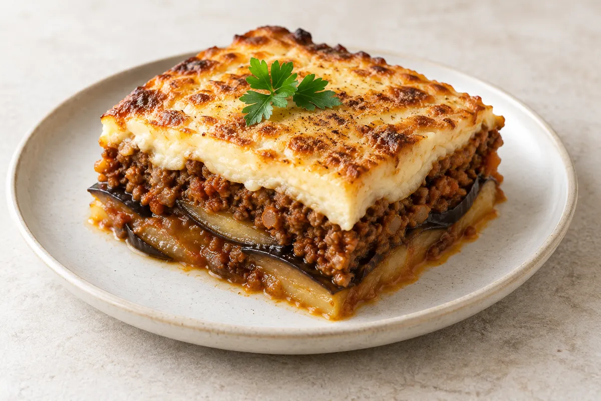 Moussaka sur un fond de lin clair.