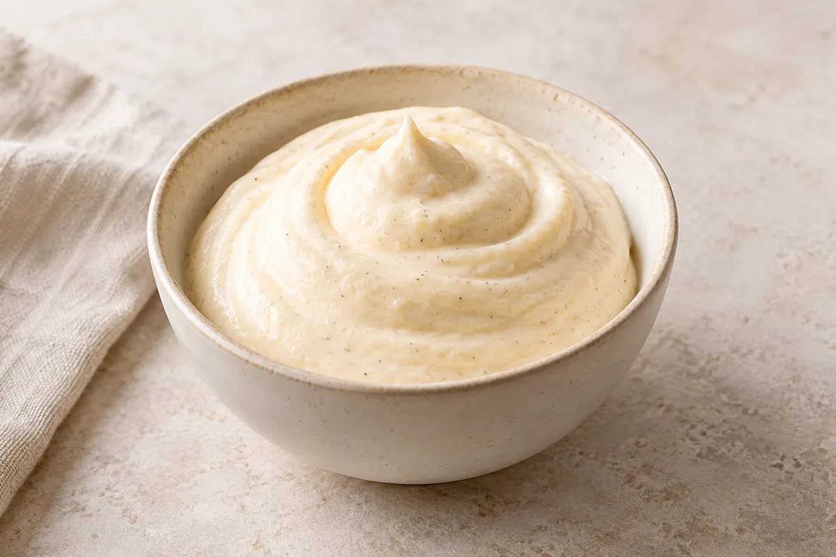 Mousse à la crème sur un fond de lin clair.