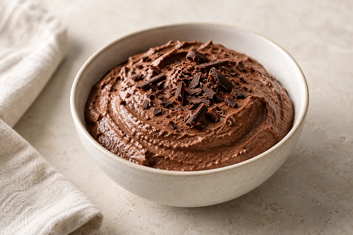 Mousse au chocolat sur un fond de lin clair.