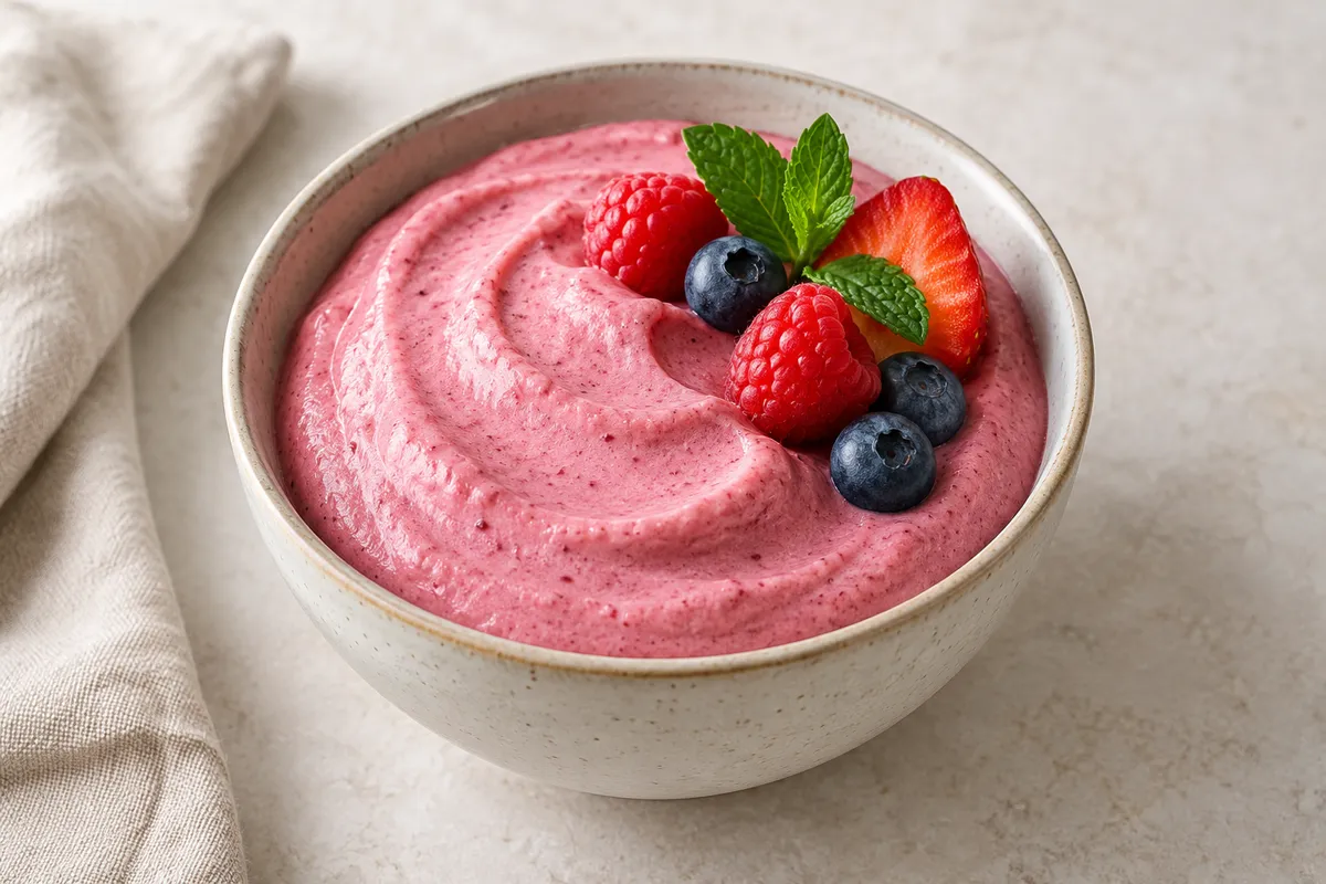 Mousse aux fruits sur un fond de lin clair.