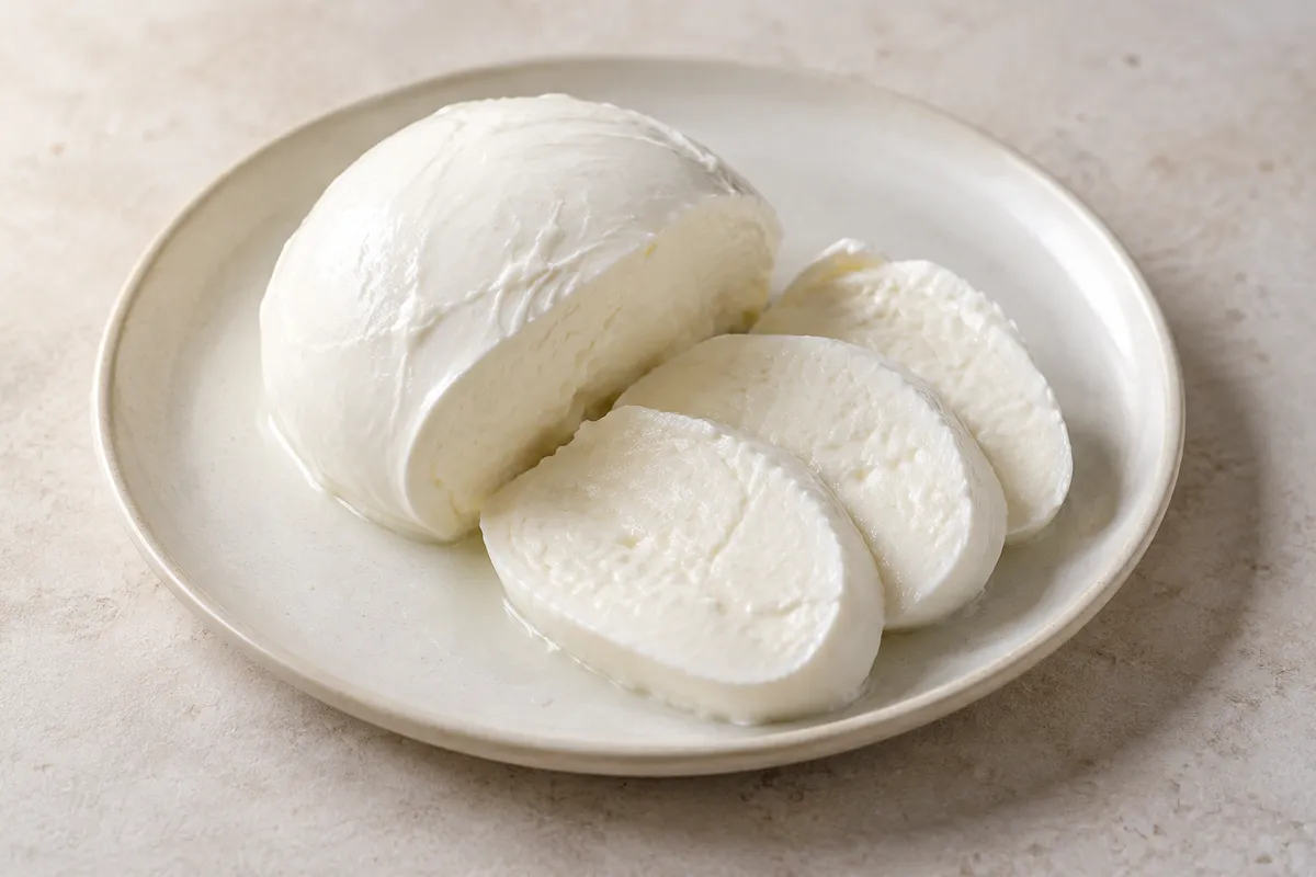Mozzarella au lait sur un fond de lin clair.