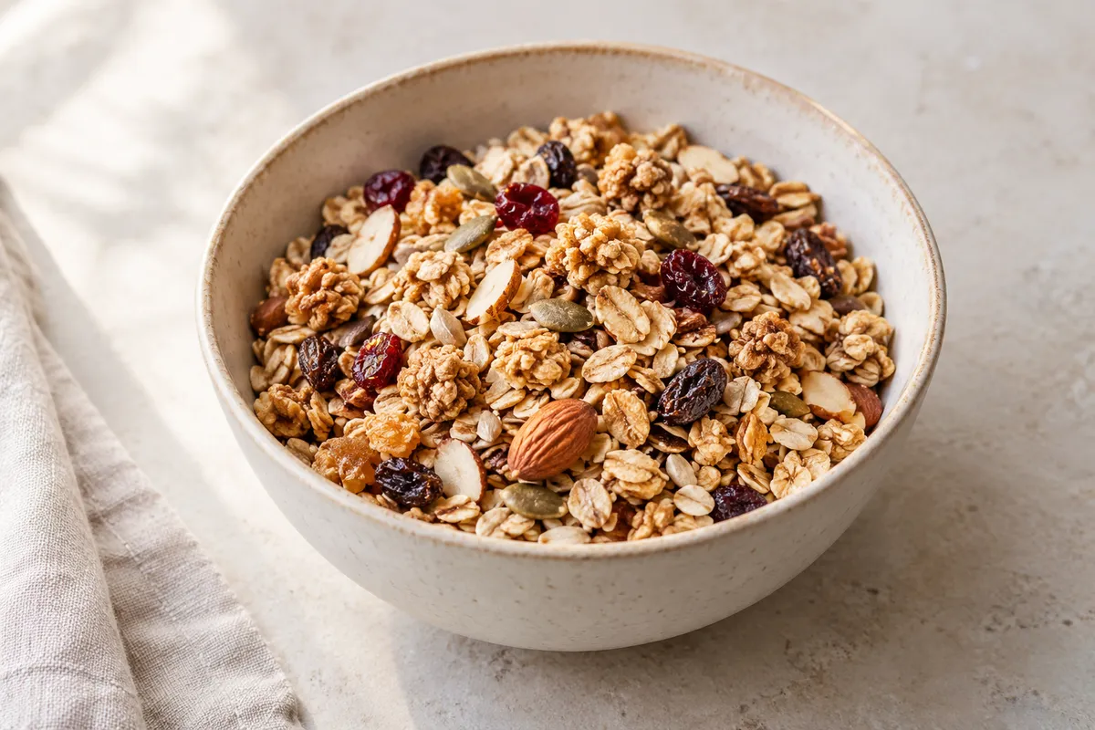 Muesli croustillant sur un fond de lin clair.