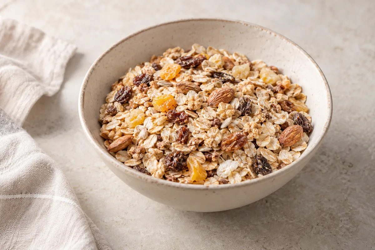 Muesli floconneux sur un fond de lin clair.