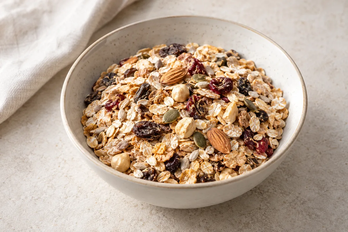 Muesli sur un fond de lin clair.