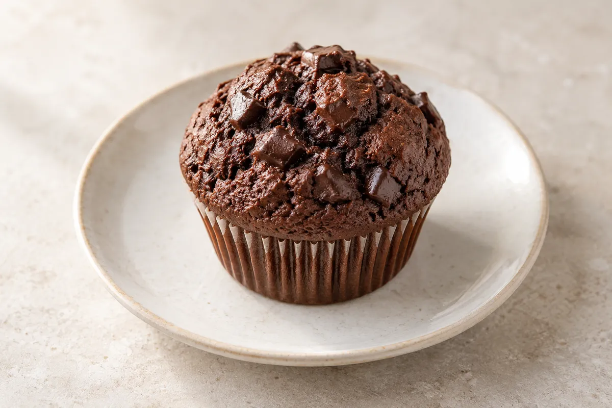 Muffin au chocolat sur un fond de lin clair.
