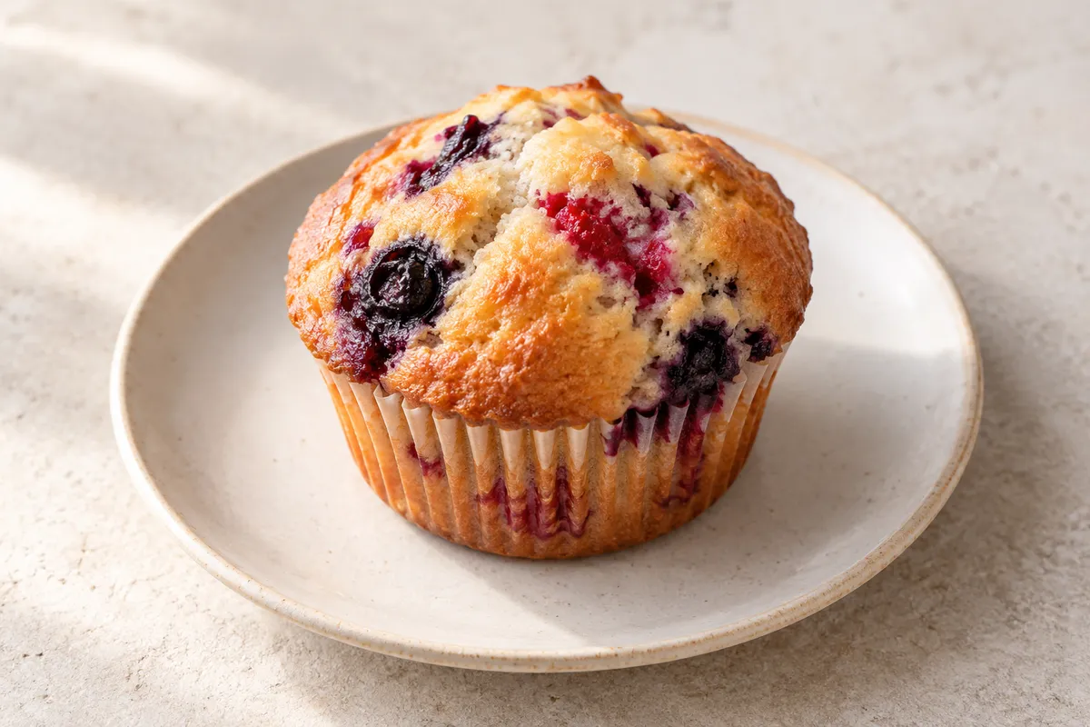 Muffin aux fruits sur un fond de lin clair.