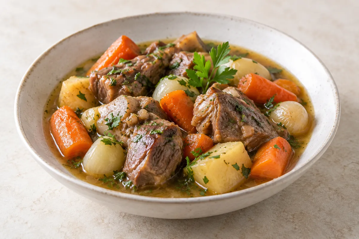 Navarin d'agneau sur un fond de lin clair.