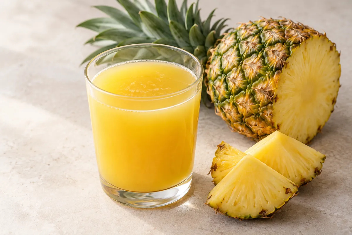 Nectar d'ananas sur un fond de lin clair.