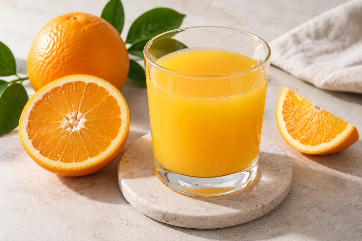 Nectar d'orange sur un fond de lin clair.