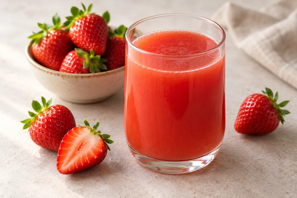 Nectar de fraise sur un fond de lin clair.