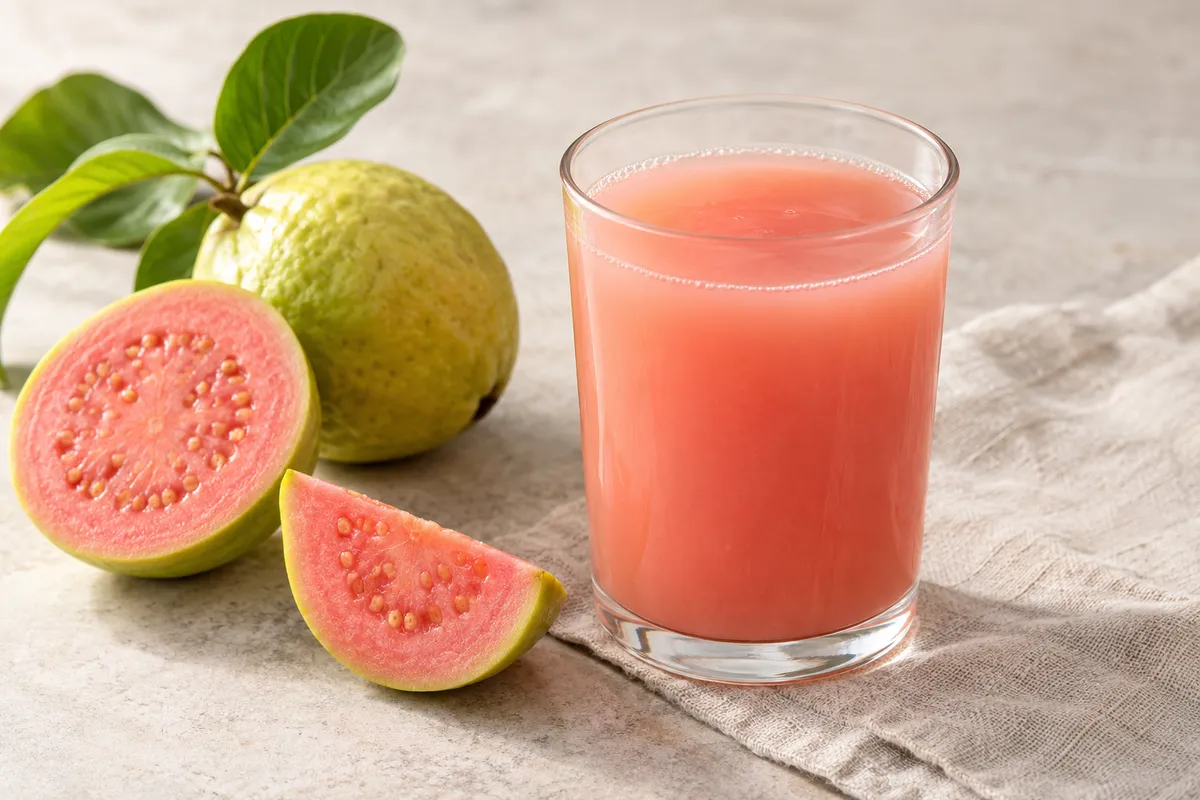Nectar de goyave sur un fond de lin clair.