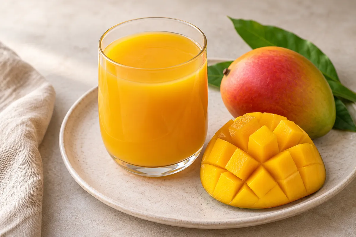 Nectar de mangue sur un fond de lin clair.