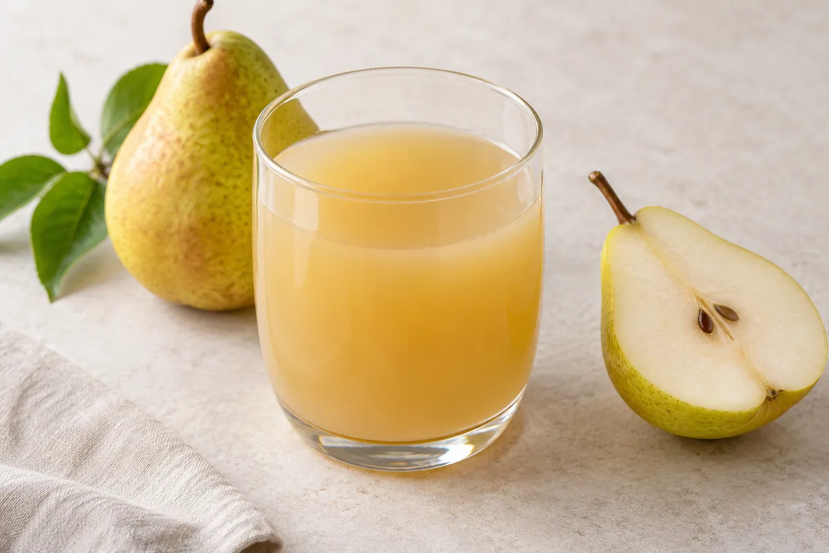 Nectar de poire sur un fond de lin clair.