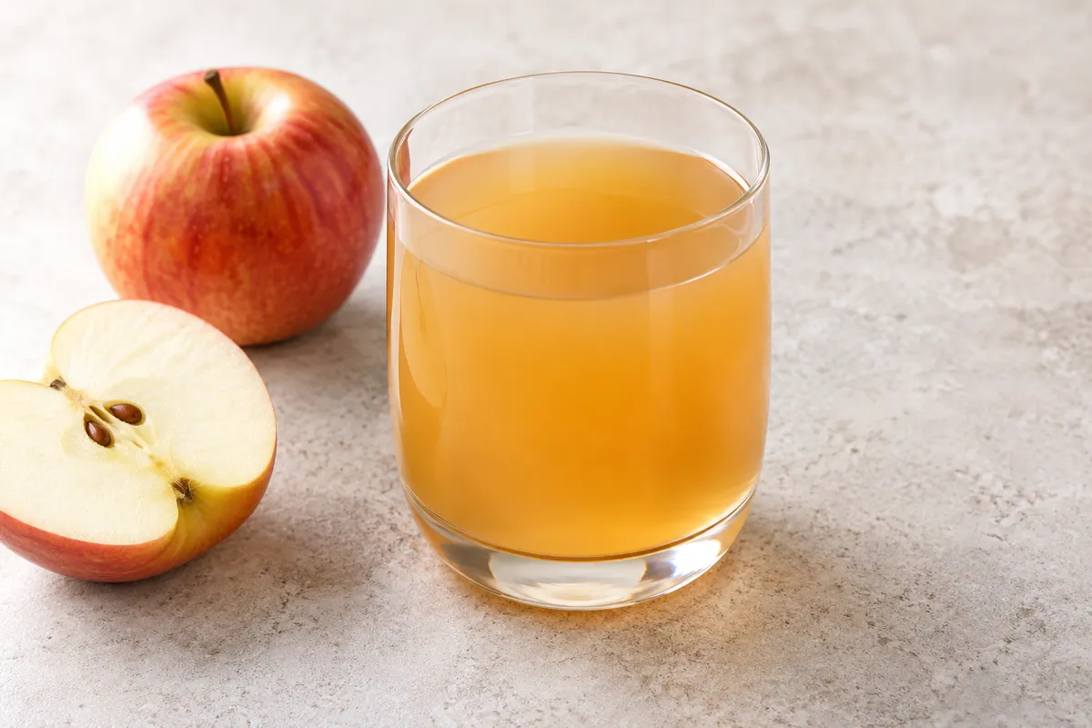 Nectar de pomme sur un fond de lin clair.