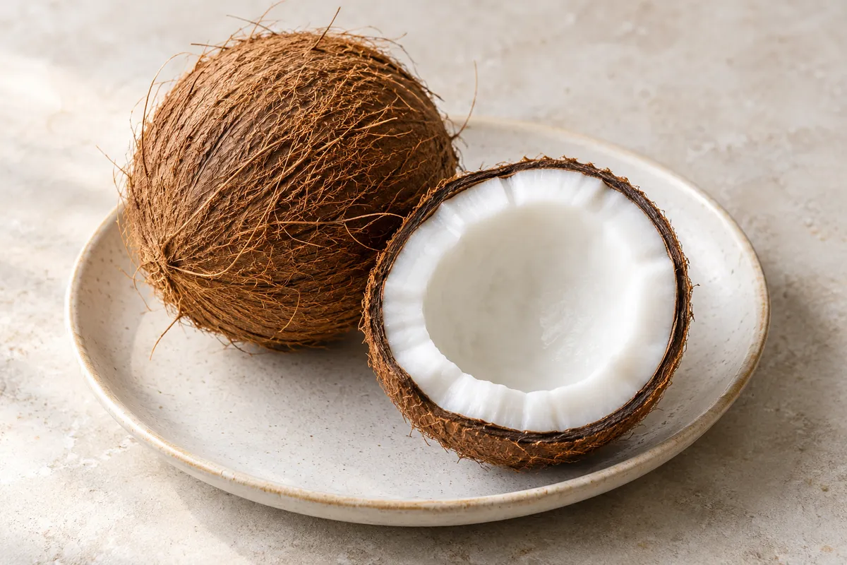 Noix de coco sur un fond de lin clair.