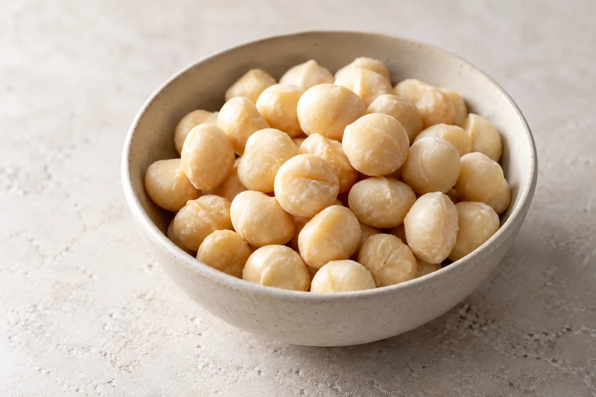 Noix de macadamia sur un fond de lin clair.