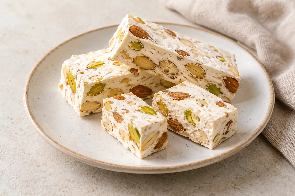 Nougat sur un fond de lin clair.