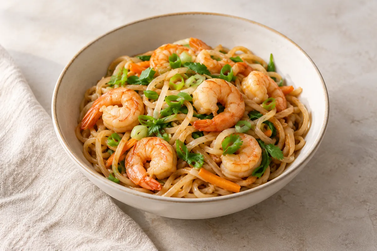 Nouilles aux crevettes sur un fond de lin clair.