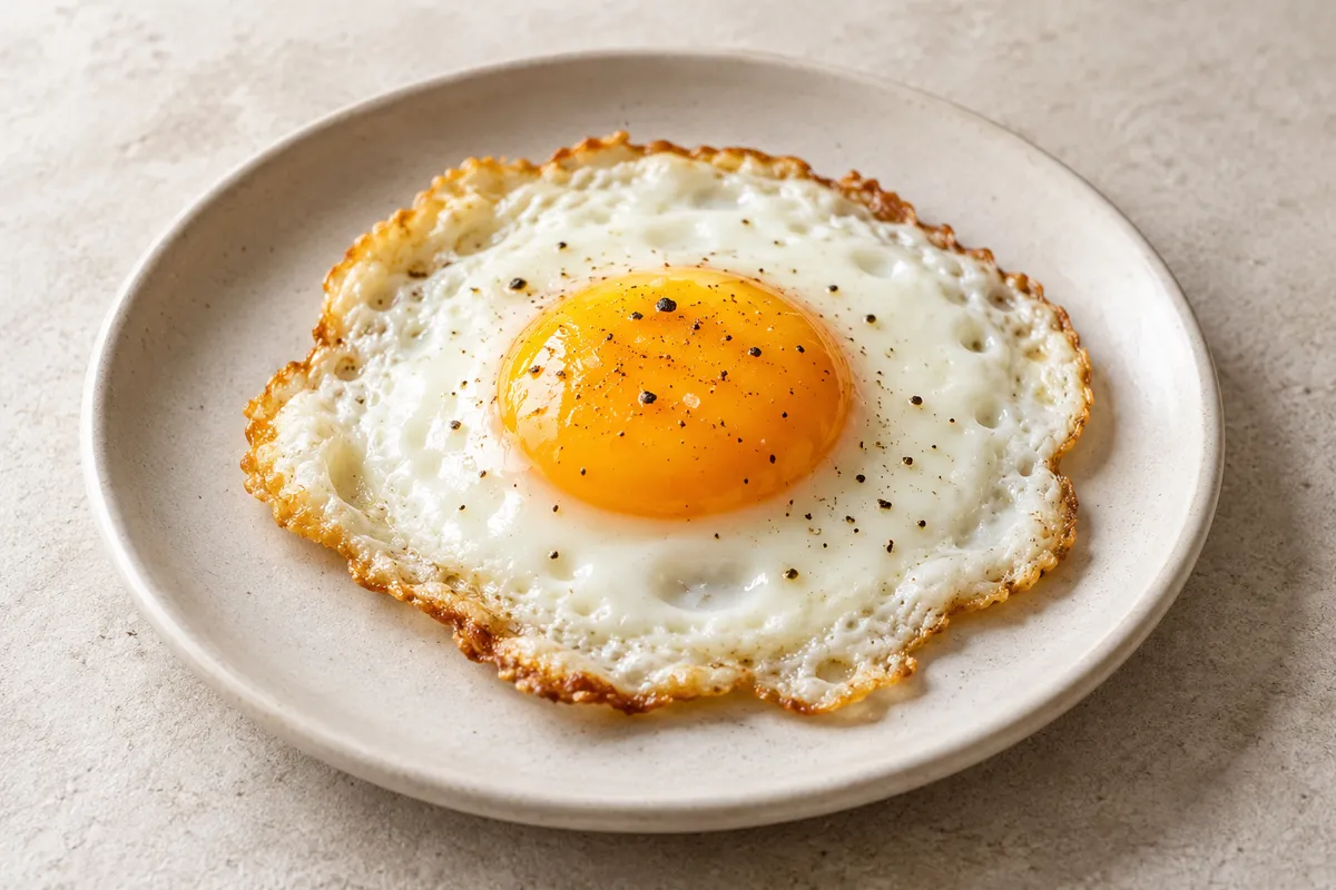Oeuf au plat sur un fond de lin clair.