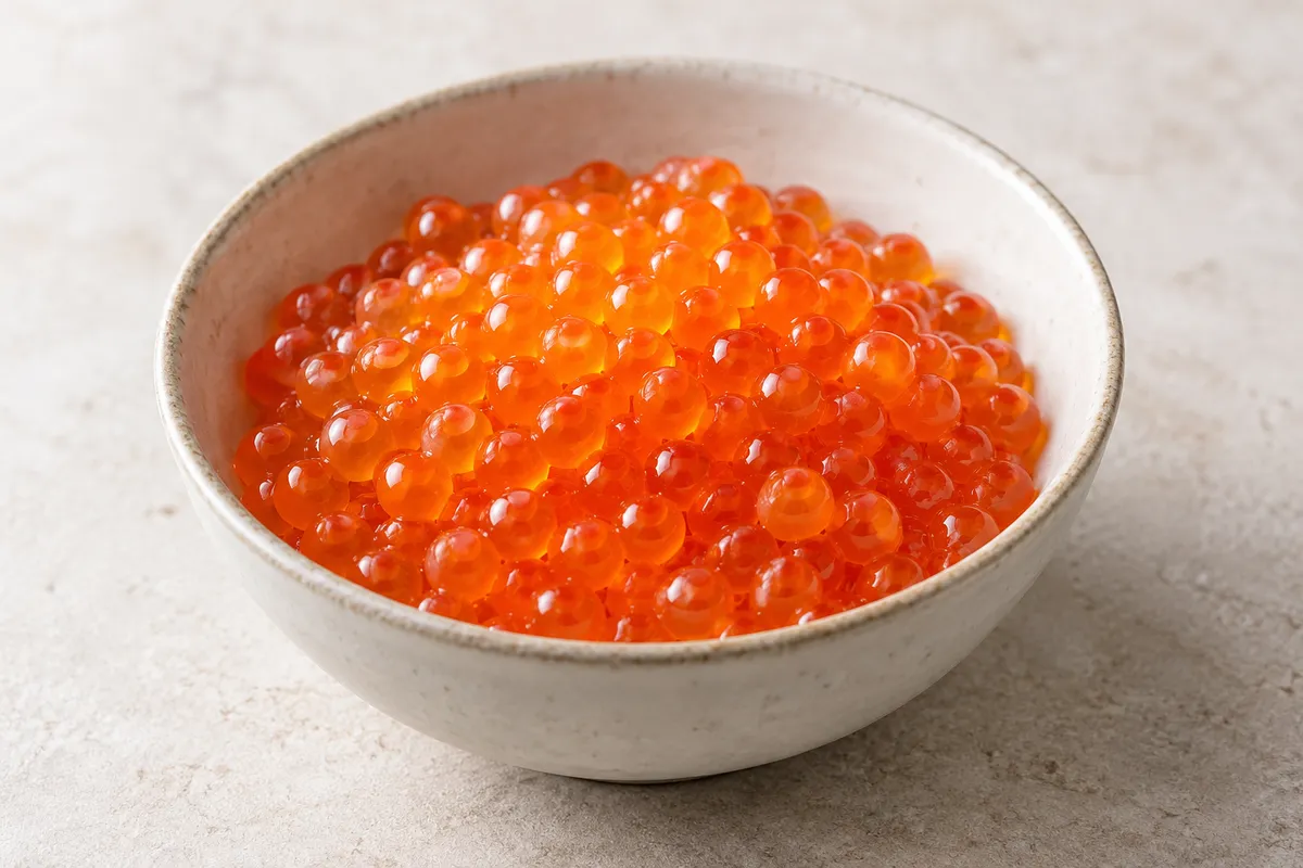 Oeufs de saumon sur un fond de lin clair.