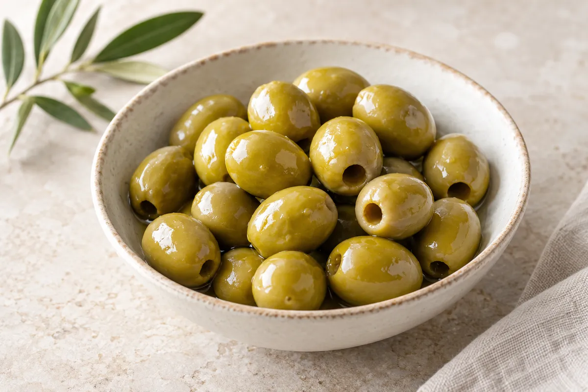Olive vertes sur un fond de lin clair.