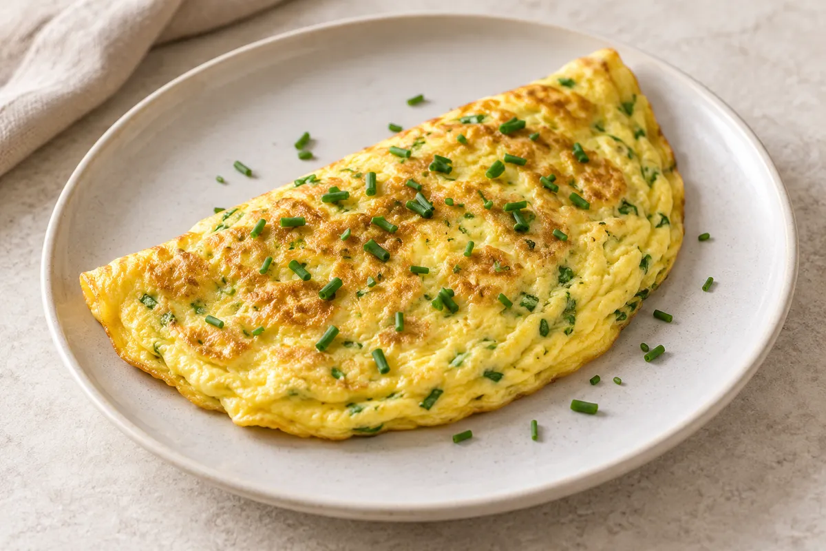 Omelette à la ciboulette sur un fond de lin clair.
