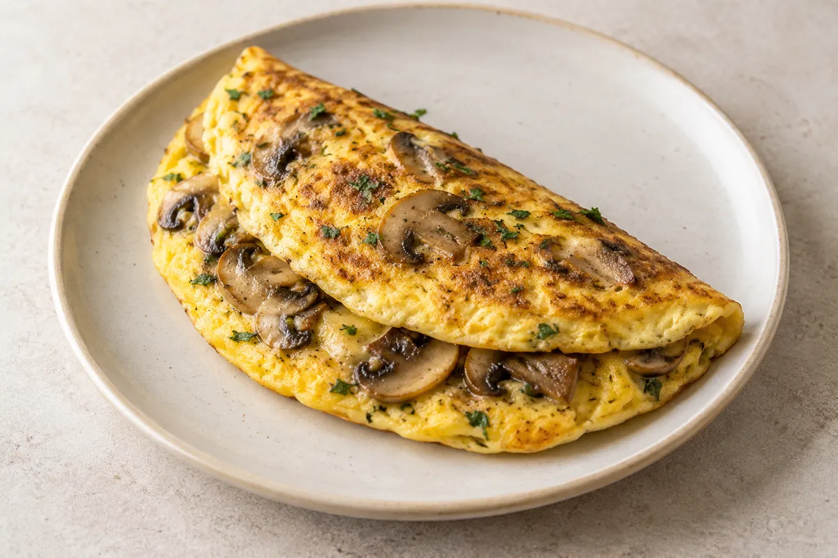 Omelette aux champignons sur un fond de lin clair.