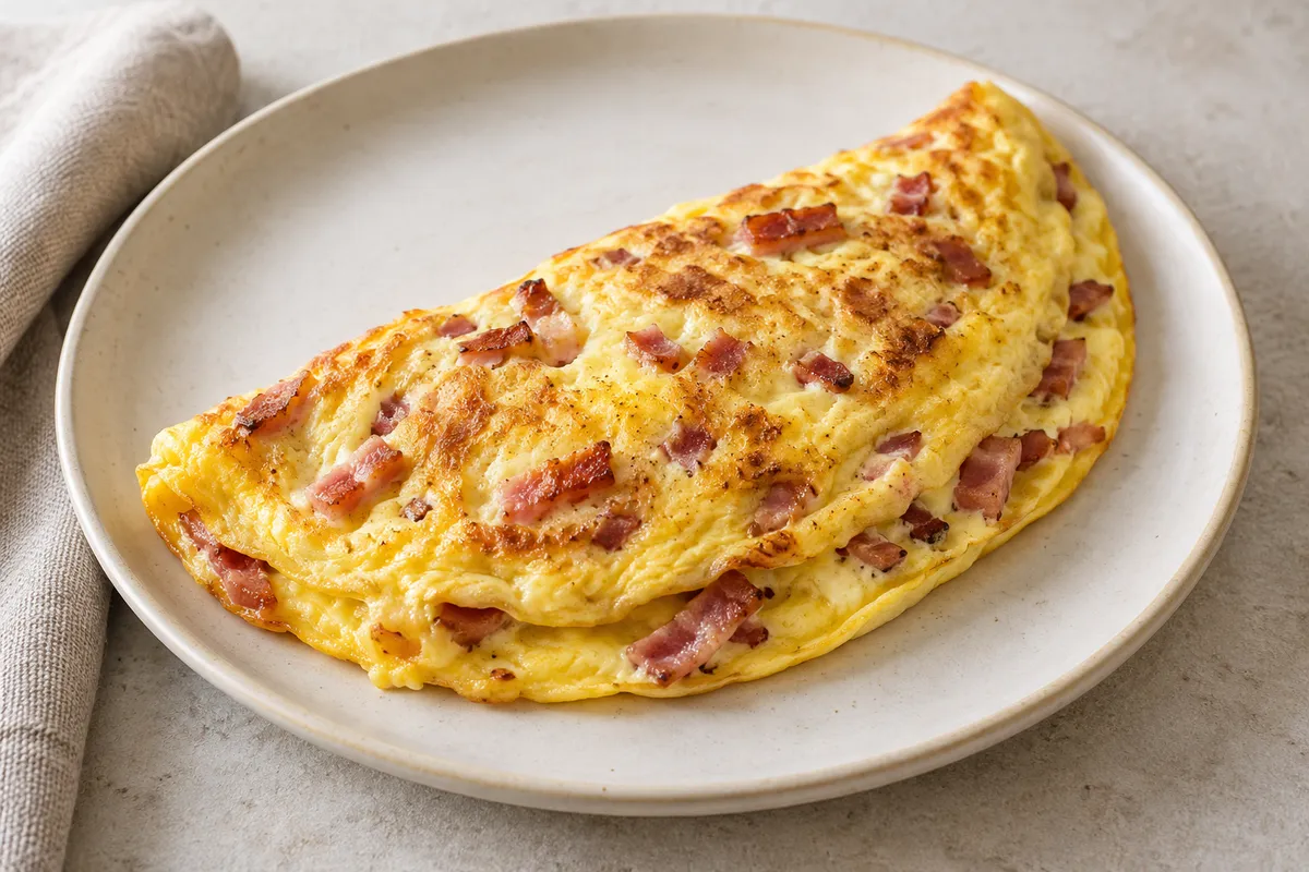 Omelette aux lardons sur un fond de lin clair.