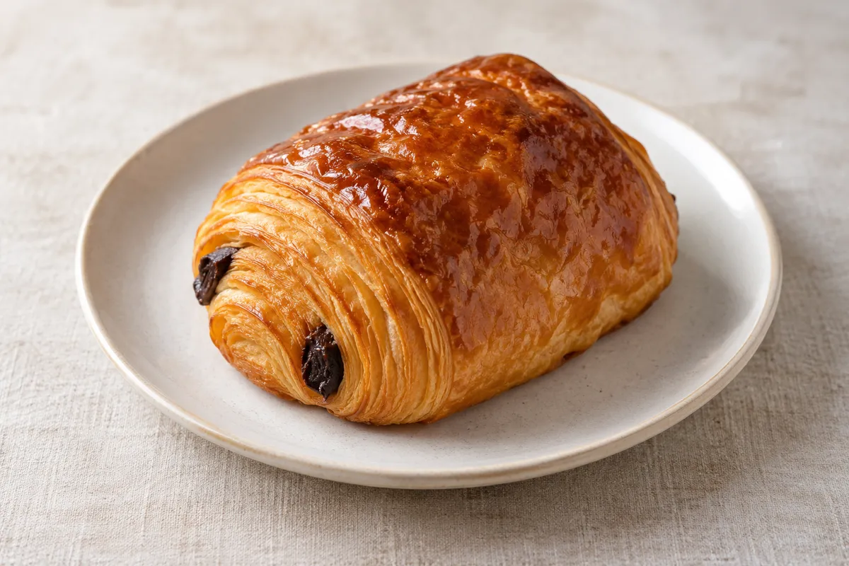 Pain au chocolat sur un fond de lin clair.