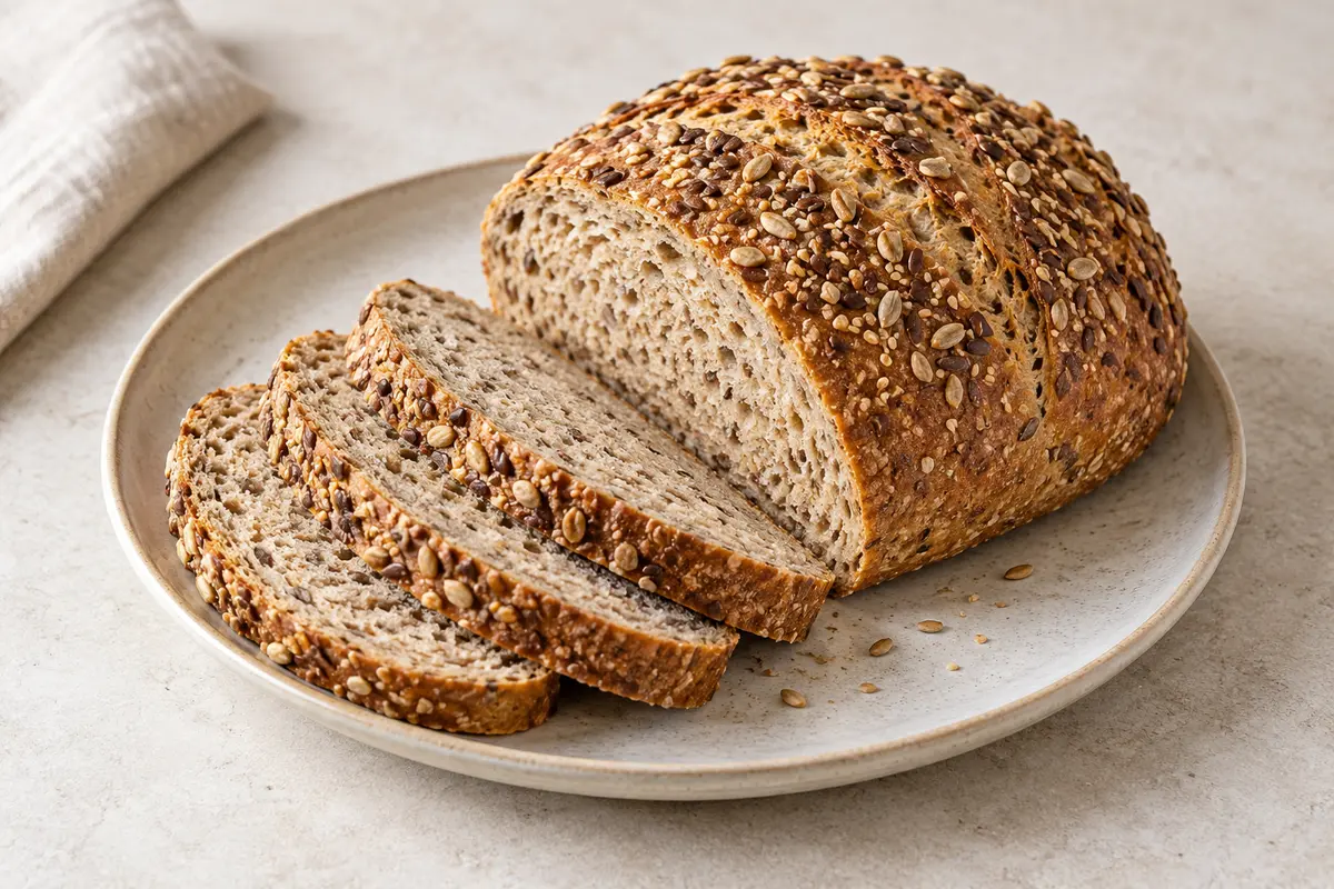Pain aux graines sur un fond de lin clair.