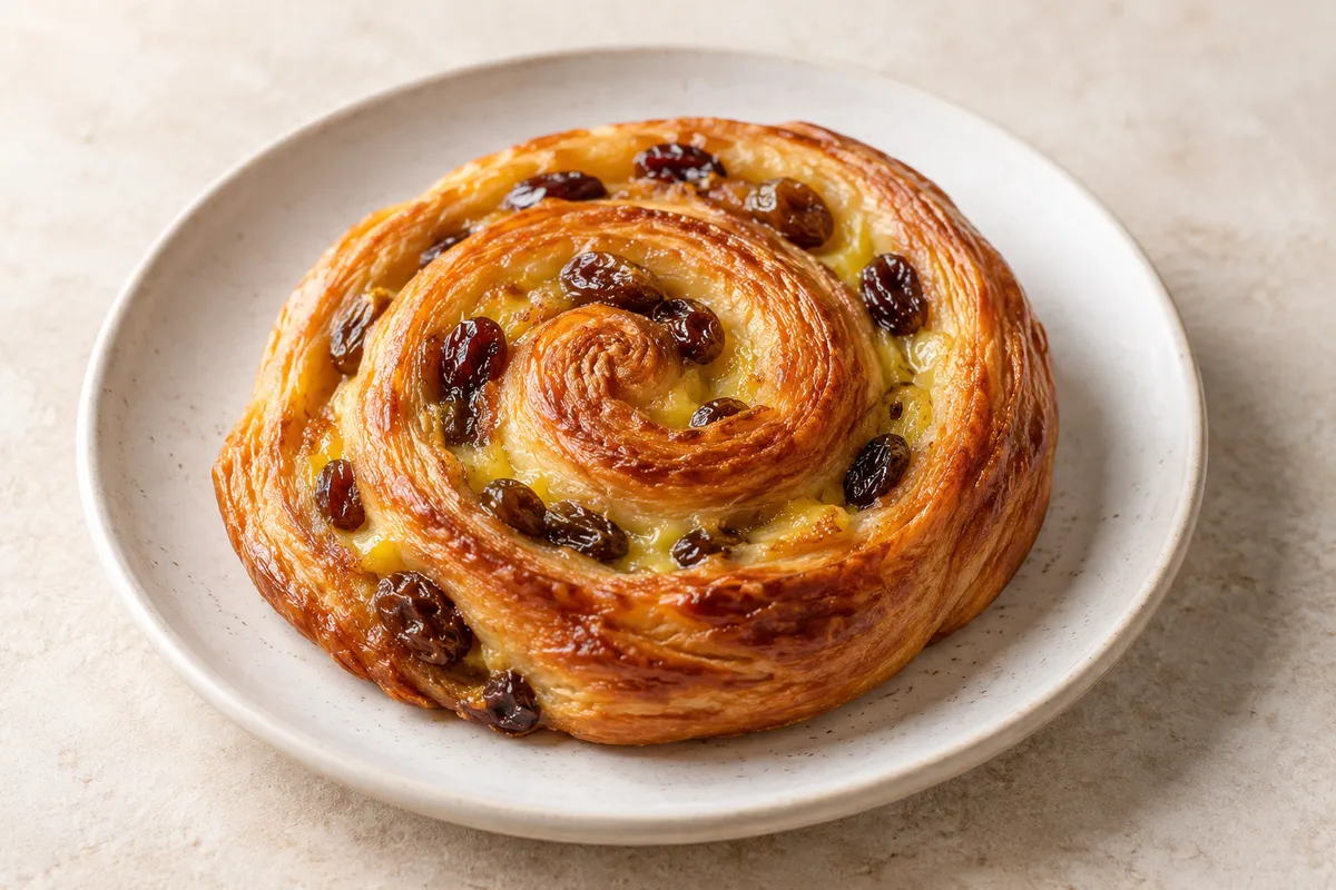 Pain aux raisins sur un fond de lin clair.