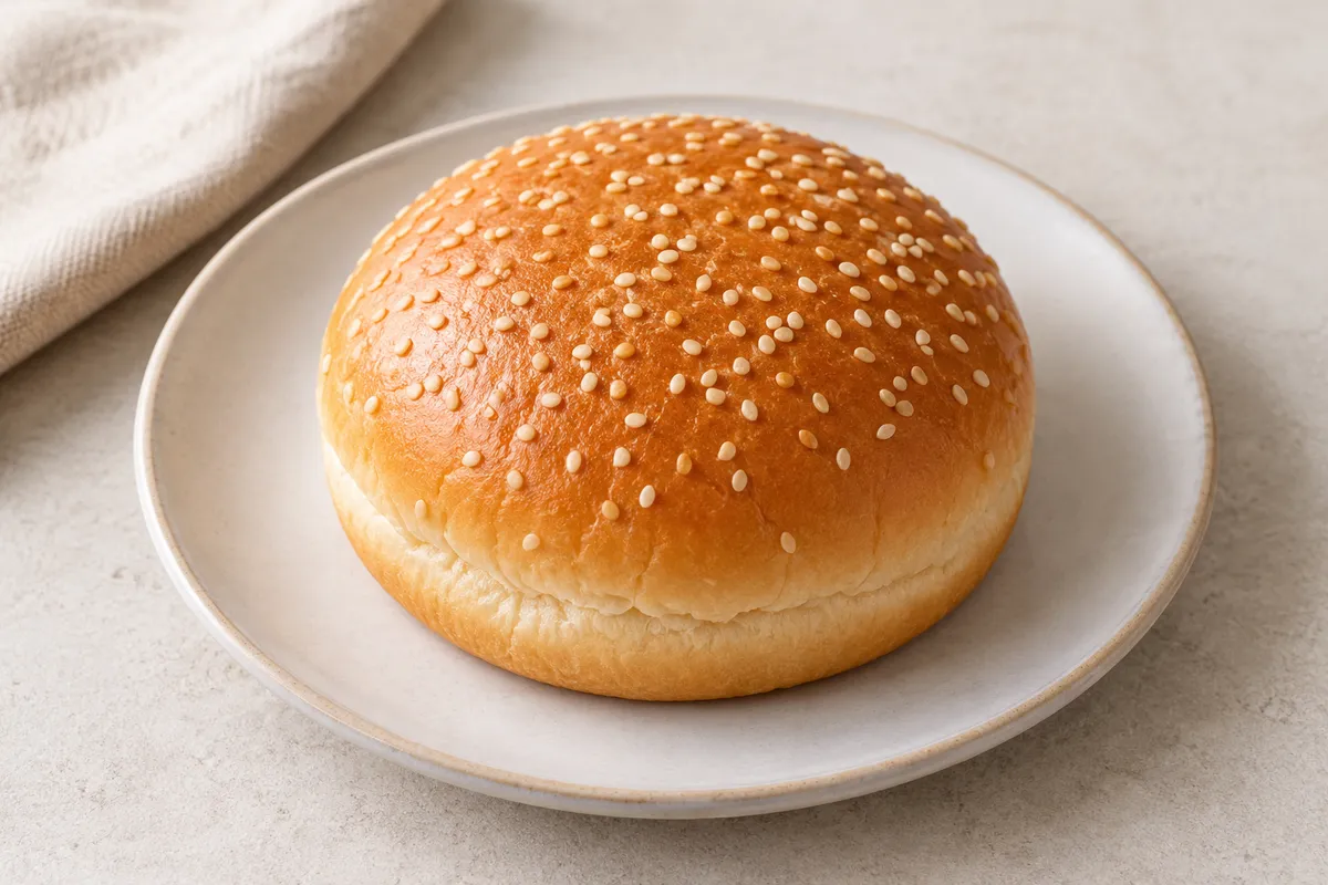 Pain pour burger sur un fond de lin clair.