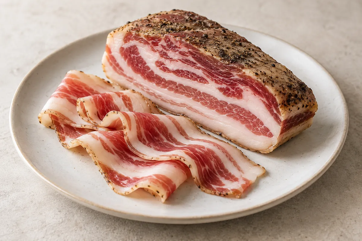 Pancetta sur un fond de lin clair.