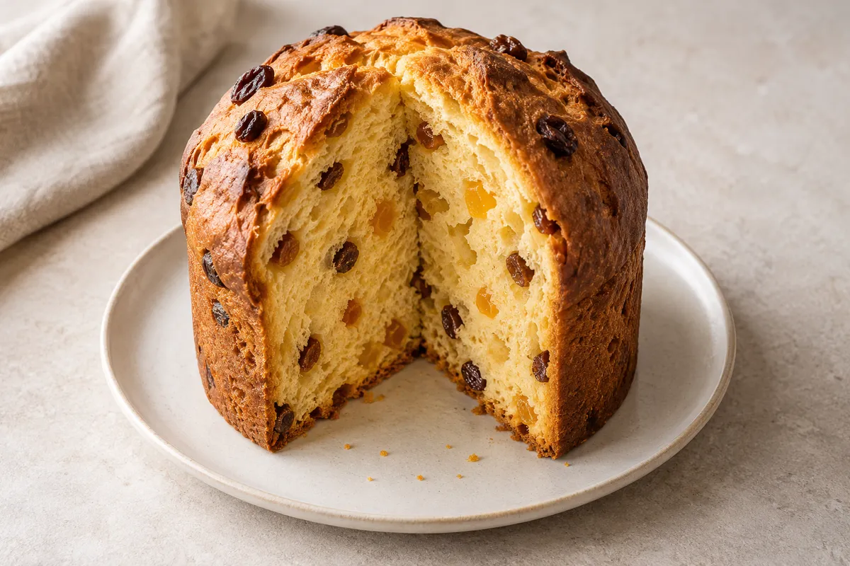 Panettone sur un fond de lin clair.