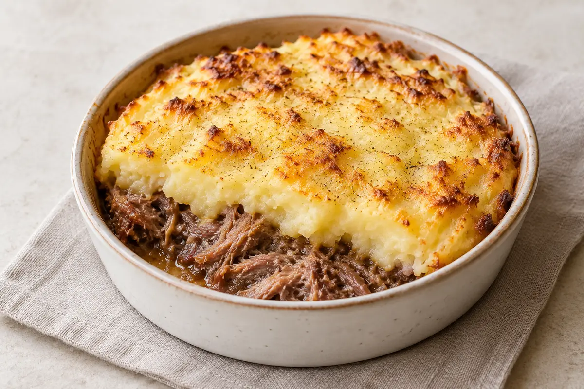 Parmentier de canard sur un fond de lin clair.