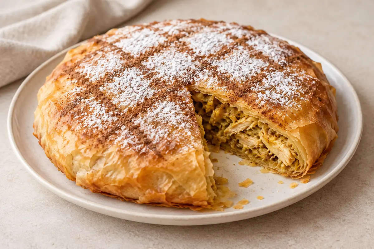 Pastilla au poulet sur un fond de lin clair.