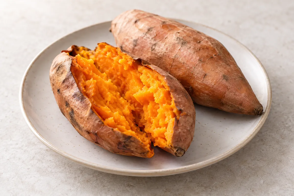 Patate douce sur un fond de lin clair.