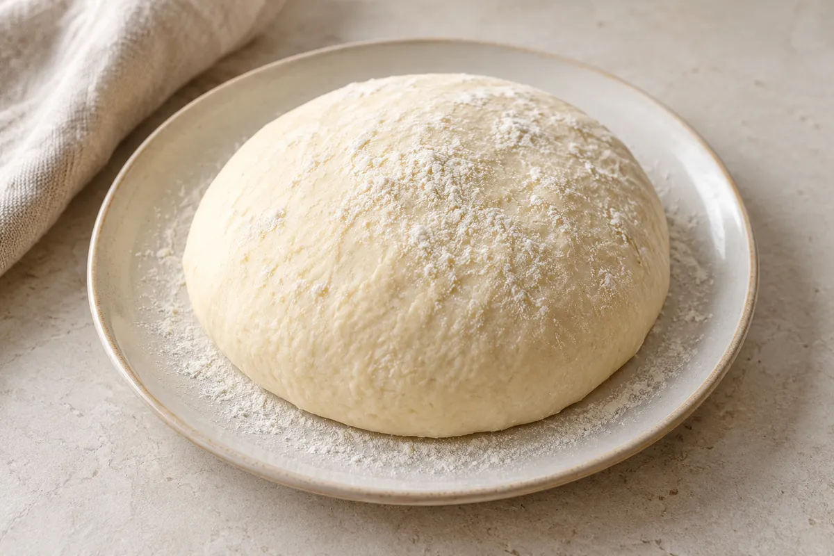 Pâte à pizza sur un fond de lin clair.