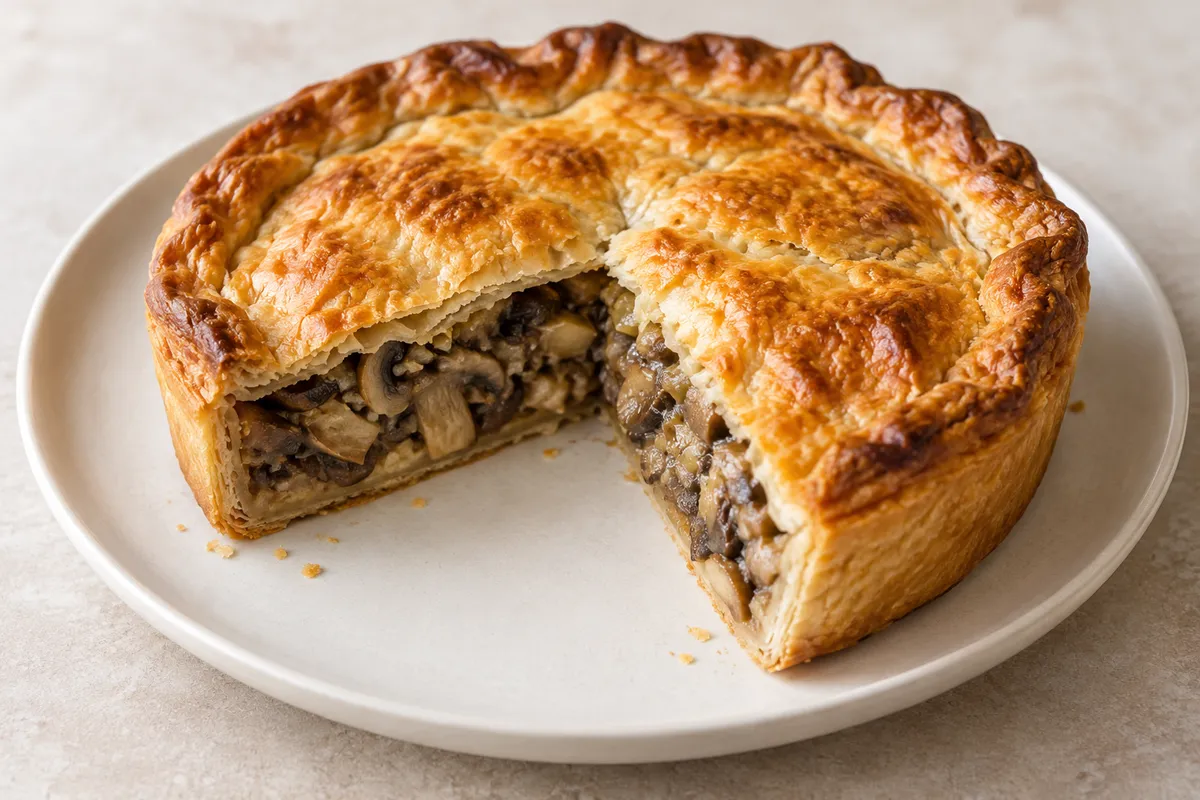 Pâté aux champignons sur un fond de lin clair.
