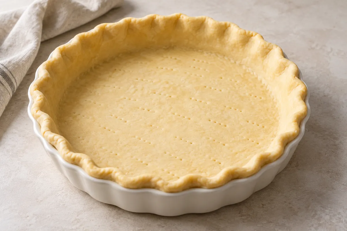 Pâte brisée sur un fond de lin clair.