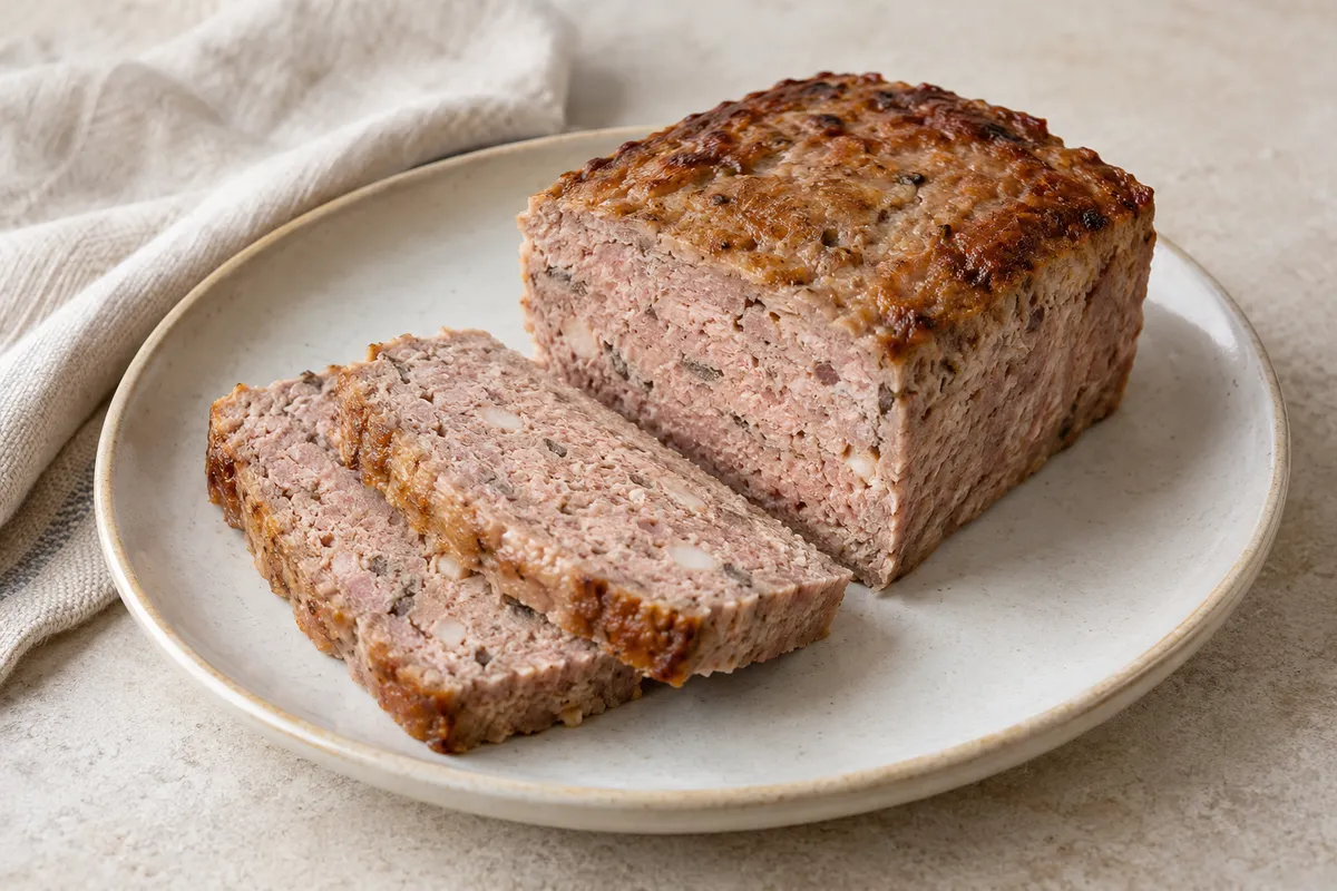 Pâté de campagne sur un fond de lin clair.